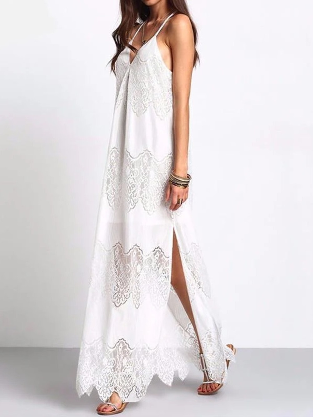 Alice + Olivia White Cream Lace Crocheted Maxi Slip Dress